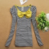 Amanda49 Leisure Round Neckline Bowknot Embellished Stripes Long Sleeves Cotton T-Shirt For Women