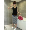 Amanda49 Fashionable Round Neckline Stripe Patterns Chain Embellished Shoulder Sleeveless T-Shirt