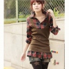 Amanda49 Korea School Style Grid Lapel Long Sleeves False Two Pieces T-Shirt For Women