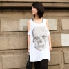 Amanda49 Fashionable Round Neckline Beads Embellished Ghost Pattern Off-Shoulder Sleeves Cotton Blended Long T-Shirt For Women