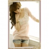 Amanda49 Lace Hook Flower Design Side Zipper Half Sleeve Pink Cotton + Lace Worsted Cloth Blouse for Women