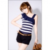 Amanda49 Single Shoulder Lotus Decorated Collar Stripe Patterns High Elastic Cotton Blouse