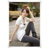 Amanda49 V Neck Double Chest Pocket Design White Short Sleeves Long Blouse--Women's Blouses