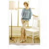 Amanda49 Sweet Elastic Collar Design Batwing Sleeves Mercerized Cotton Blouse Blue