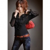 Amanda49 Ruffles Gathered Cotton+Chiffon Black Long Sleeves Blouse--Women's Blouses