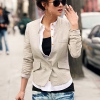 Amanda49 Fashionable Deep V-Neck M Size Beige Long Sleeves Coat--Women's Coats