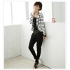 Amanda49 Navy V-Neck Lapel Golden Button Embellished Stripes Long Sleeves Coat For Women