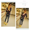 Amanda49 Cute Colorful V-Neck Stars Patterns Double-Pocket Long Sleeves Dark Blue Cotton Coat For Women