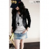 Amanda49 Special Collar Design Pleated Hem Blazer Black Polyester Fiber Long Sleeves Coat--Women's Coats