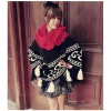Amanda49 Cute Wool Ball Pendant Poker Patterns Double Color Tassel Black Acrylic Cloak For Women