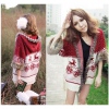 Amanda49 Sweety and Charming Rough Selvedge Christmas Deer Dots Patterns Red Long Sleeves Acrylic+Fibre Hair Hood Coat For Women