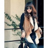 Amanda49 Fashionable Lapel Grid Design Frills Hem Khaki Sleeveless Fleeces Waistcoat For Women