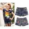 Amanda49 Stylish USA Flag Pocket Design Short Wearout Jeans