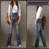 Amanda49 Slim Frills Letter Printed Dark Blue Jeans Overalls For Women