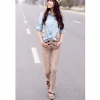 Amanda49 Casual Baldric Detachable Light Khaki Twill Cotton Nine Minutes of Pants For Women