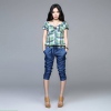 Amanda49 Popular and Sweet V-Neck Lace-Up Grid Style Puff Short Sleeves Cotton Jumpsuits For Women