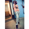 Amanda49 Leisure Number 92 Patterns Lace-Up Light Grey Cotton Trousers For Women
