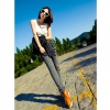 Amanda49 Leisure Letter Printed Low Waist Grey Cotton Lun Blended Trousers For Women