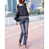 Amanda49 Slim American Flag Style Back-Pocket Frills Blue Elastic Feet Jeans For Women