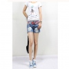 Amanda49 Mix Match Simple Style Rough Selvedge Pocket Hem Light Blue Short Jeans For Women