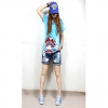 Amanda49 Mix Match Ghost Printed Cuff Middle Waist Dark Blue Quarter Jeans For Women