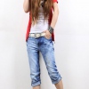 Amanda49 Charming Middle Waist Patterns Rhinestone Embellished Light Blue Quarter Jeans For Women