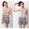 Amanda49 Elegant Elastic Waist Rivets Rose Embellished Stripes Short Cotton Lun Blended Trousers For Women