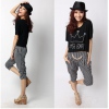 Amanda49 British Style Elastic Waist Stripes Cotton Lun Blended Quarter Trousers With Belt For Women