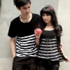 Amanda49 Comfortable Round Neckline Black Sleeves Stripes Couple T-Shirt For Lovers