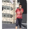 Amanda49 National Round Neckline Stripes Red Sleeves Cotton Fabric T-Shirt For Men