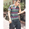 Amanda49 Fashionable Round Neckline Colorful Stripes Short Sleeves Cotton Fabric Blouse For Men
