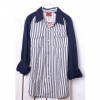 Amanda49 School Lapel Double Pocket Deign Stripes Dark Blue Long Sleeves Blouse For Men