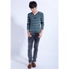 Amanda49 Autumn and Winter Fashion Sunshine Boy V-Neckline Colorful Stripes Long Sleeve T-Shirt