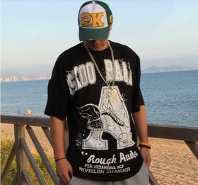 Amanda49 Hip Hop Style Street Fashion Three-Dimensional Letters Printing Round Neckline Elastic Cotton T-Shirt
