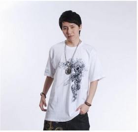 Amanda49 Hip Hop Style Street Fashion Skull Head and Wing Printing Round Neckline Elastic Cotton T-Shirt