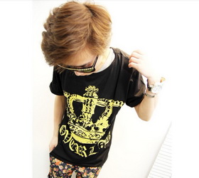 Amanda49 Hip Hop Style Street Fashion Imperial Crown Patterns Round Neckline Elastic Cotton T-Shirt