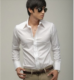 Amanda49 Leisure Dots Pattern White Long Sleeves Cotton Blouse For Men