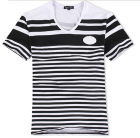 Amanda49 Slim V-Neck Stripes Short Sleeves Elastic Cotton T-Shirt For Men