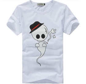 Amanda49 Fashionable Round Neckline Ghost Pattern Black Sleeves Cotton T-Shirt For Men