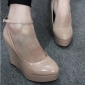 Western Style Patent Leather High-heeled Platform Belt Buckle Wedge Shoes