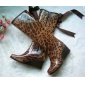 Women's Fashion Rain Boots Ribbon Leopard Galoshes Zipper Wedges Knee High Boots